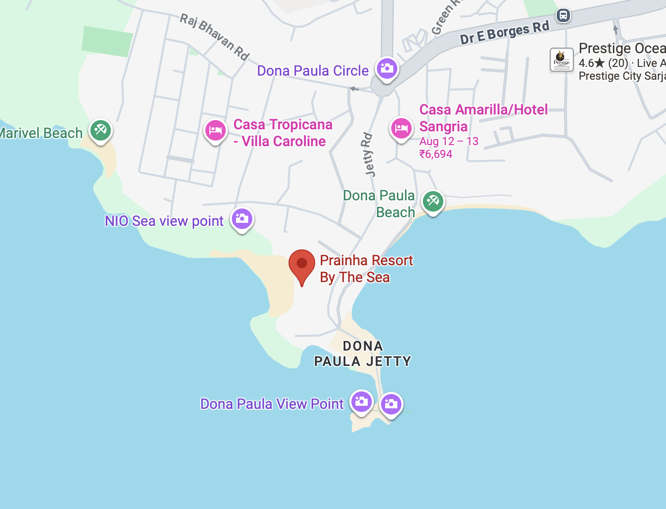 Map showing Prainha Resort by the Sea near Dona Paula Jetty in Goa